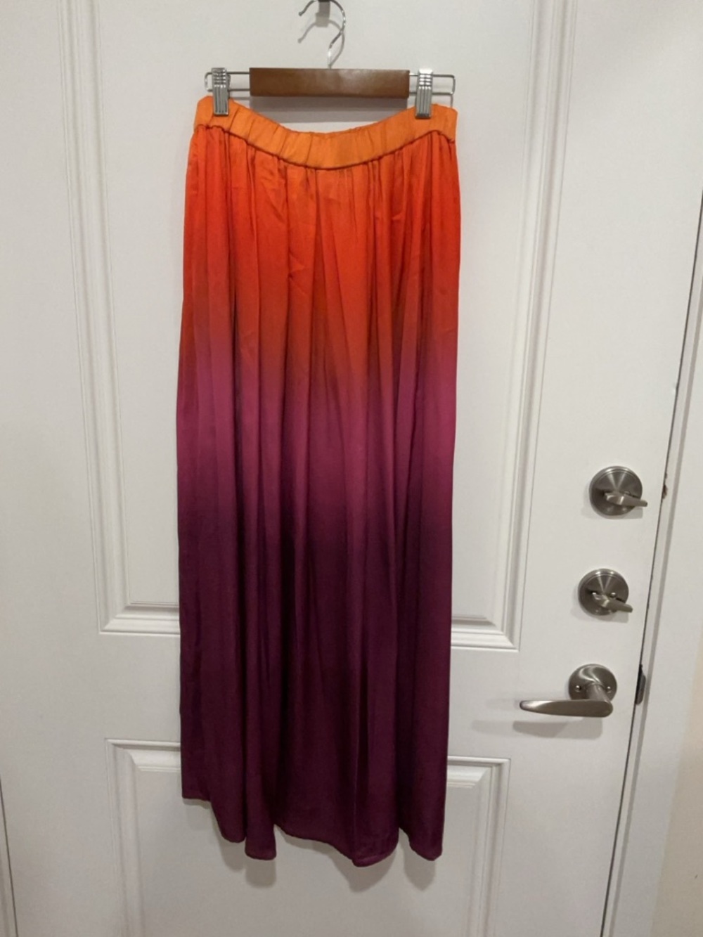 Stylus satin ombré orange and purple flowy maxi skirt with a drawstring waist